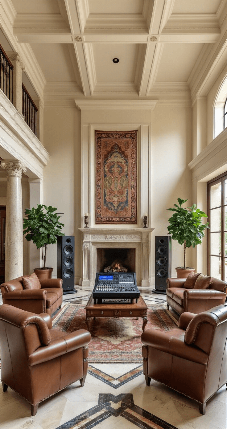 Italian Wedding Songs: Creating Magic with Music That Speaks to the Heart Professional sound equipment setup in an Italian villa's great room featuring coffered ceilings, marble columns, and a mix of antique and modern elements, viewed from an elevated mezzanine.