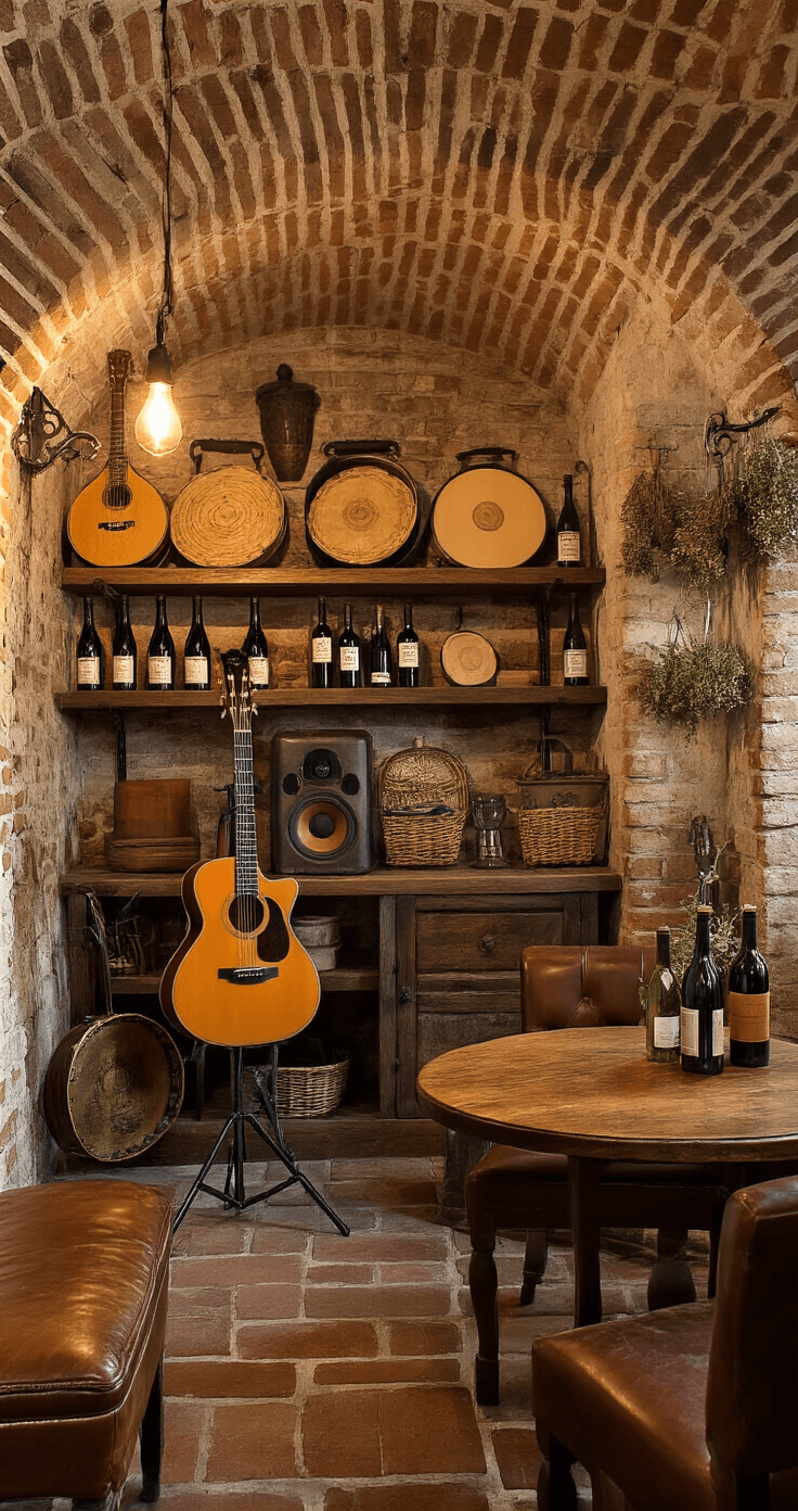 Italian Wedding Songs: Creating Magic with Music That Speaks to the Heart An intimate converted wine cellar with brick archways and stone walls, featuring vintage acoustic guitars, traditional tambourines, and handcrafted wooden cabinets, all illuminated by warm incandescent bulbs in iron sconces.