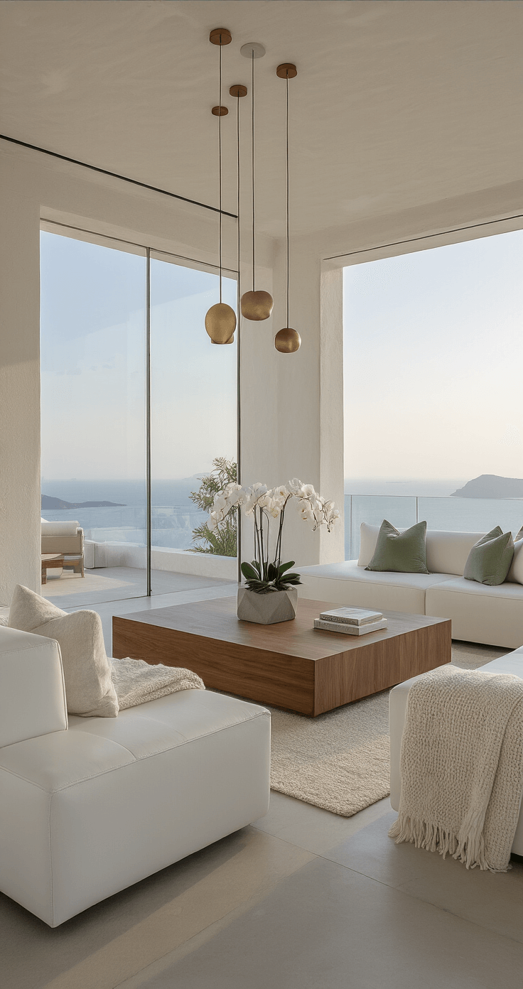 Italian Wedding Songs: Creating Magic with Music That Speaks to the Heart Contemporary Italian wedding lounge with minimalist decor, featuring white stucco walls, polished concrete floors, a floating walnut console for music, and modern furniture in neutral tones, all overlooking a Mediterranean coastline through floor-to-ceiling windows.