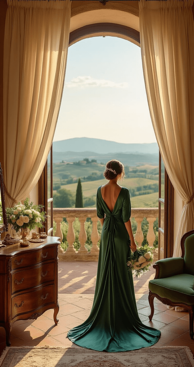 Planning an Authentic Italian Wedding: Traditional Customs That Will Make Your Celebration Unforgettable A bride in a flowing emerald silk wrap dress stands by tall arched windows of a luxurious Italian villa bridal suite, overlooking Tuscan hills at golden hour, with warm sunlight streaming through sheer curtains, soft shadows on terracotta floors, and rich textures of antique furniture and embroidered linens.