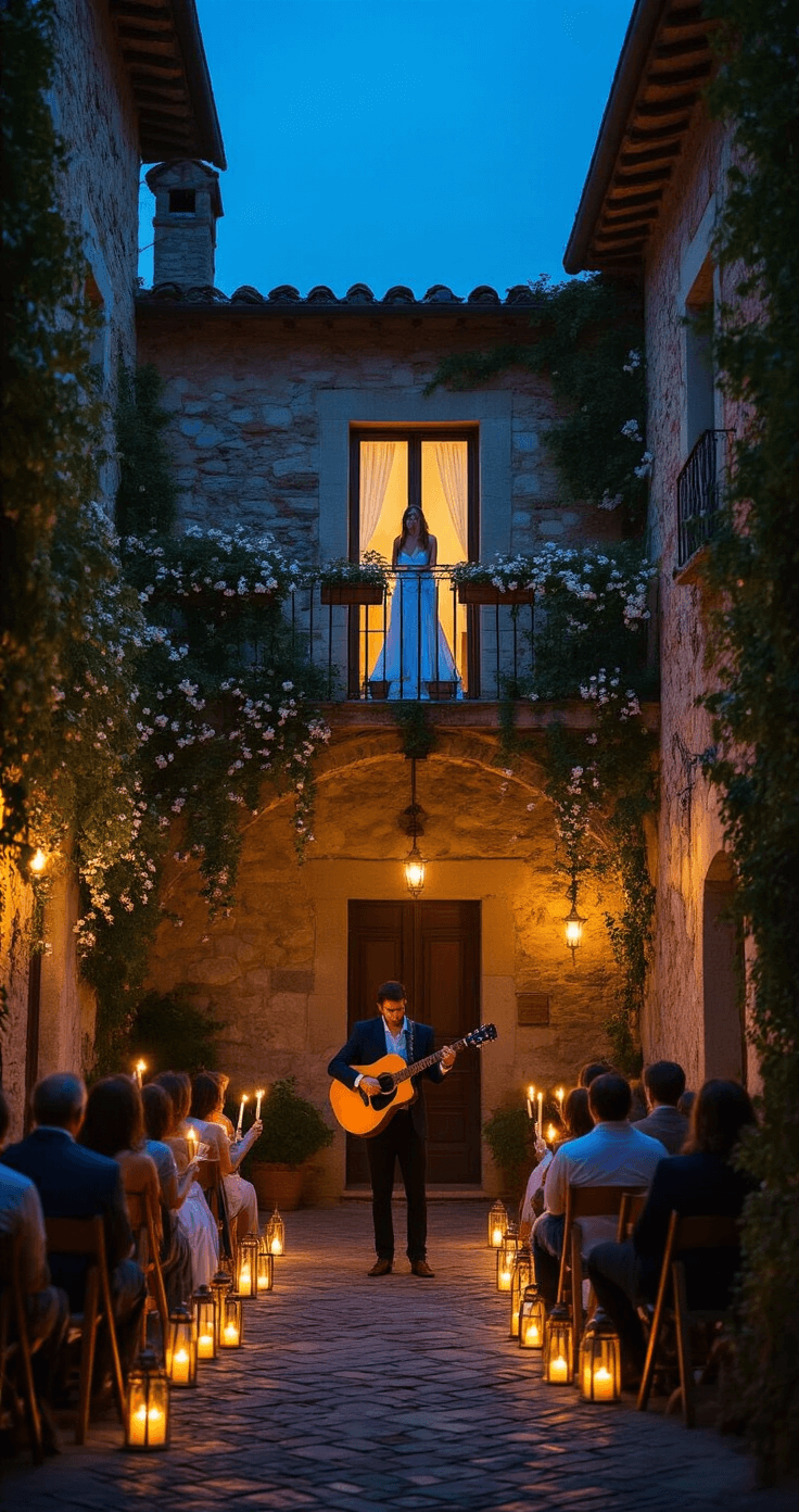 Planning an Authentic Italian Wedding: Traditional Customs That Will Make Your Celebration Unforgettable A groom plays a vintage acoustic guitar beneath a stone balcony adorned with jasmine vines, surrounded by friends and family holding battery-powered candles in an intimate Tuscan courtyard at twilight, with a silhouetted bride in a window above.