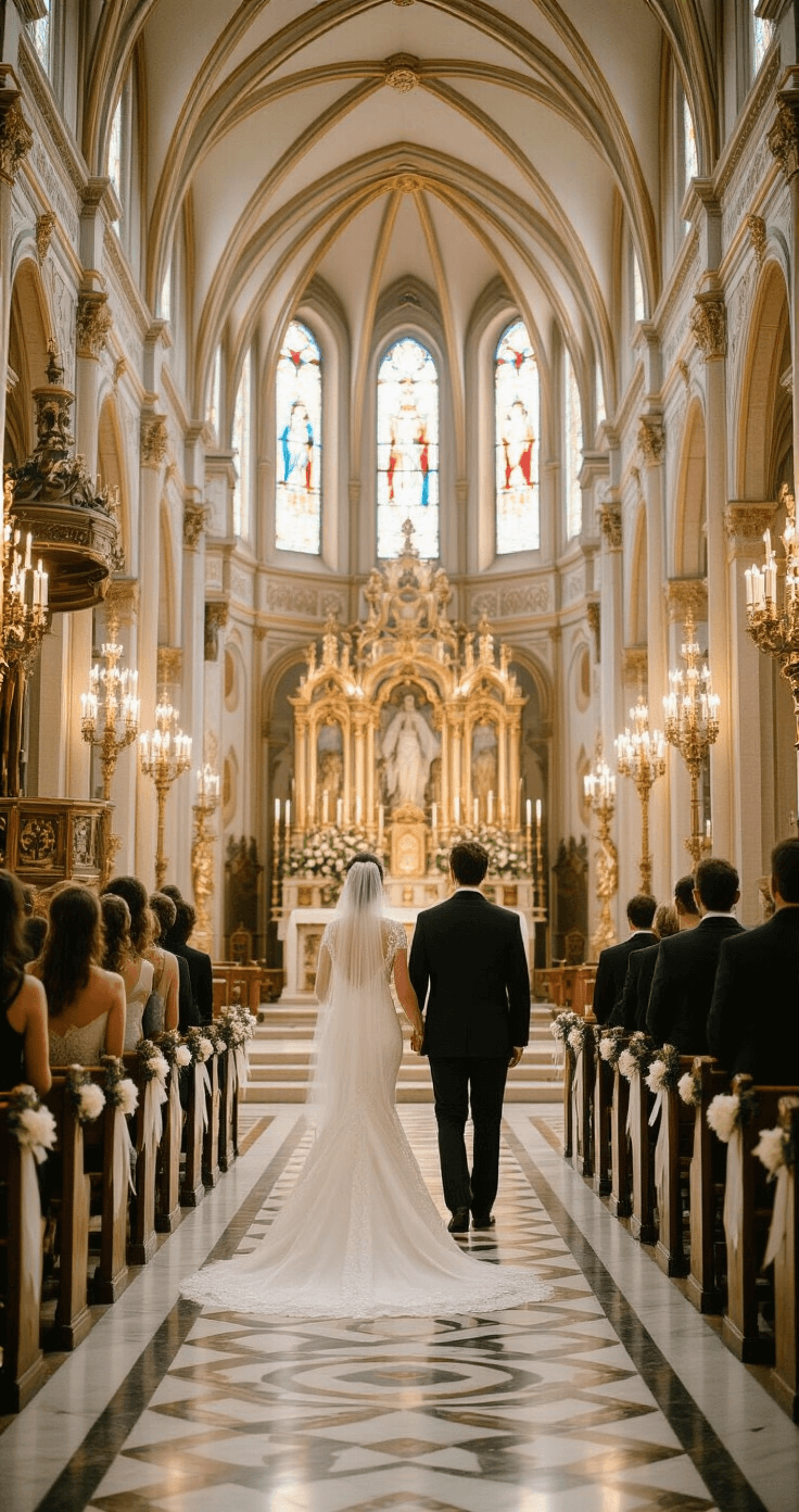 Planning an Authentic Italian Wedding: Traditional Customs That Will Make Your Celebration Unforgettable Elegant Italian church interior during a morning wedding ceremony, featuring ornate baroque architecture, stained glass windows casting colorful light on marble floors, a bride in an ivory silk gown walking towards the groom at a gilded altar, surrounded by wooden pews adorned with white ribbons and orange blossoms.