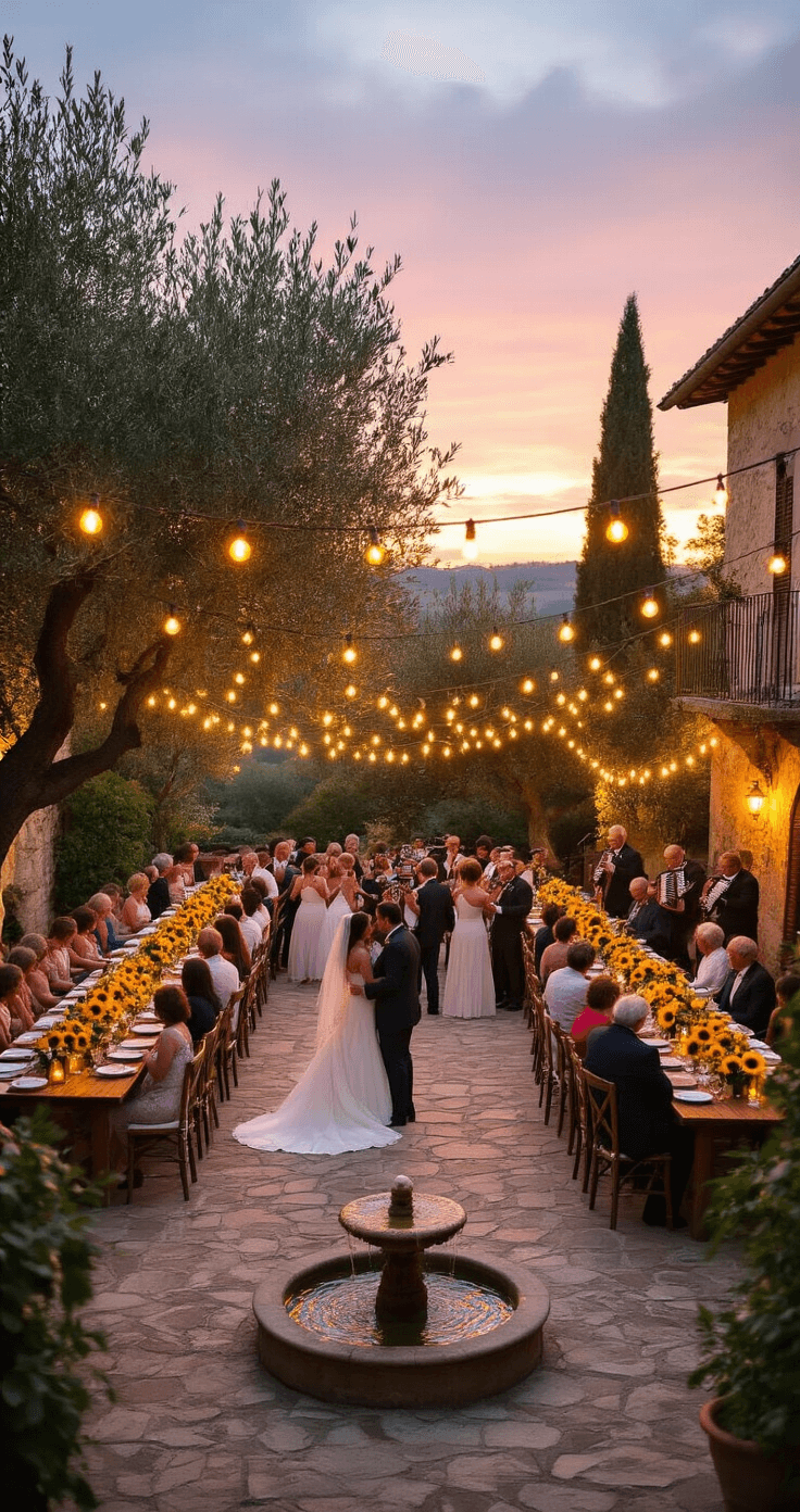 Planning an Authentic Italian Wedding: Traditional Customs That Will Make Your Celebration Unforgettable Vibrant Italian wedding reception courtyard at golden hour, featuring guests in a Tarantella dance around newlyweds on a stone patio, illuminated by bistro lights and a dusky pink sunset, with rustic tables adorned with sunflowers and lemons, musicians performing on a platform, and a stone fountain reflecting the warm light.