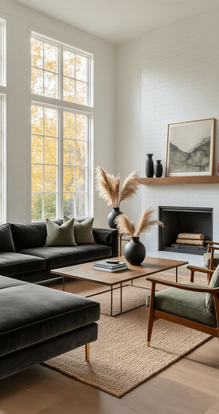 Photorealistic living room with large south-facing windows, featuring a charcoal velvet sectional, walnut coffee table, mid-century brass-legged chairs, jute rug, and white subway tile fireplace, illuminated by warm golden hour light.