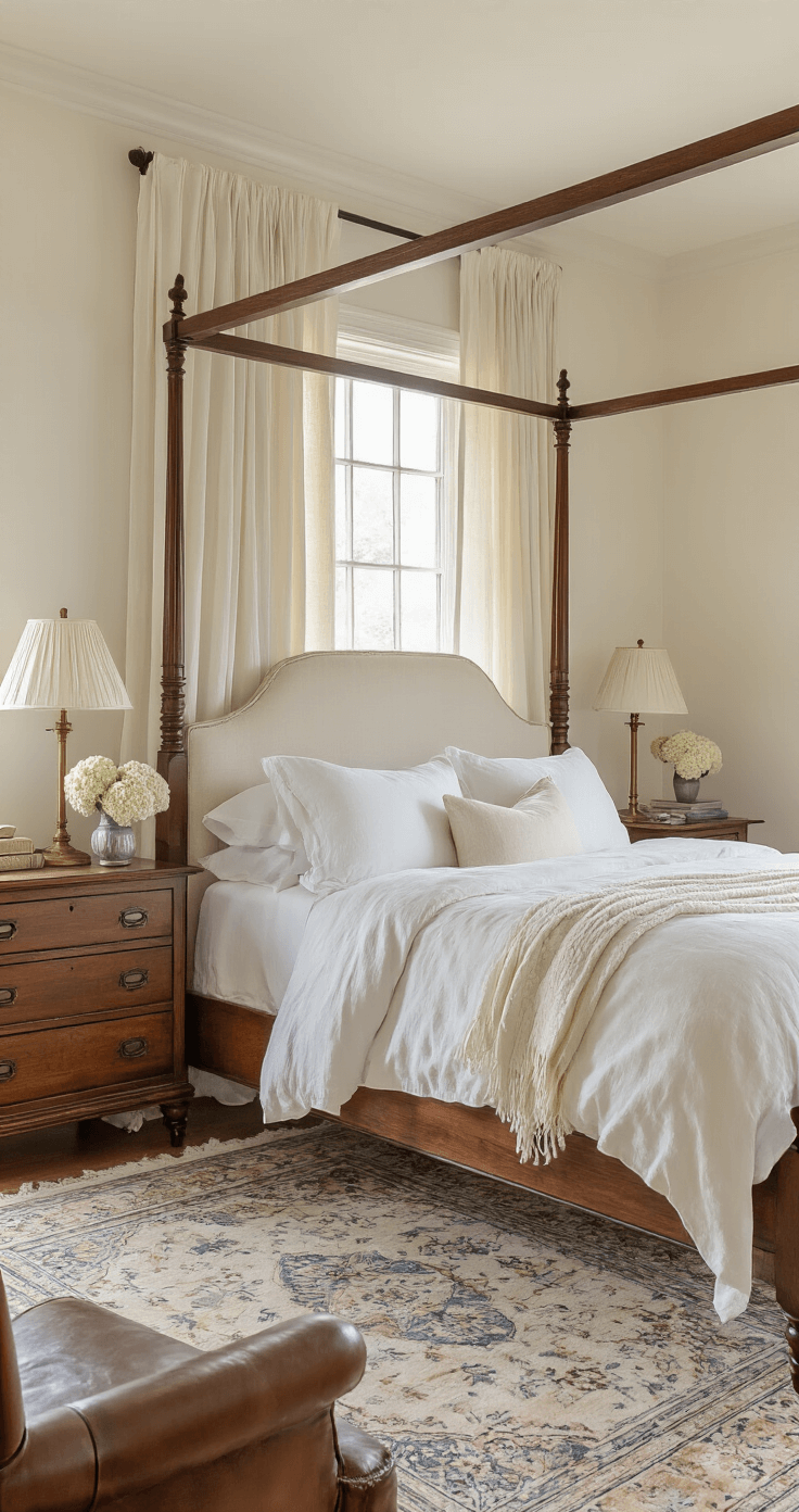 Photorealistic north-facing bedroom interior featuring a vintage mahogany four-poster bed with white linen bedding, soft morning light filtering through sheer curtains, antique brass bedside lamps, worn oak nightstands, and a faded Persian rug, all evoking a cozy, sophisticated atmosphere.