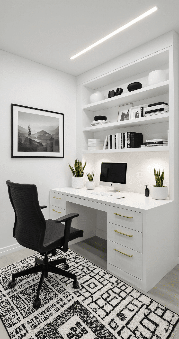 Photorealistic home office interior featuring a modern white lacquer desk with brass hardware, black ergonomic chair, and organized displays of books and plants, set against pure white walls and polished concrete floors, illuminated by bright LED lighting and highlighted by a gallery wall of black-framed photography.