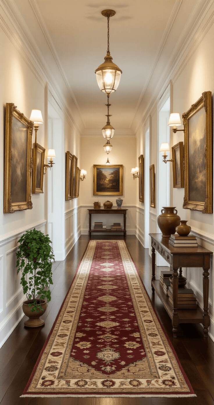 A photorealistic hallway gallery featuring warm lighting from brass sconces, ivory walls adorned with vintage art in brass frames, polished dark hardwood floors, and an antique Persian runner. A weathered oak console table displays ceramic vessels and a trailing pothos plant, complemented by elegant architectural detailing and a dramatic perspective captured from a 24mm lens.