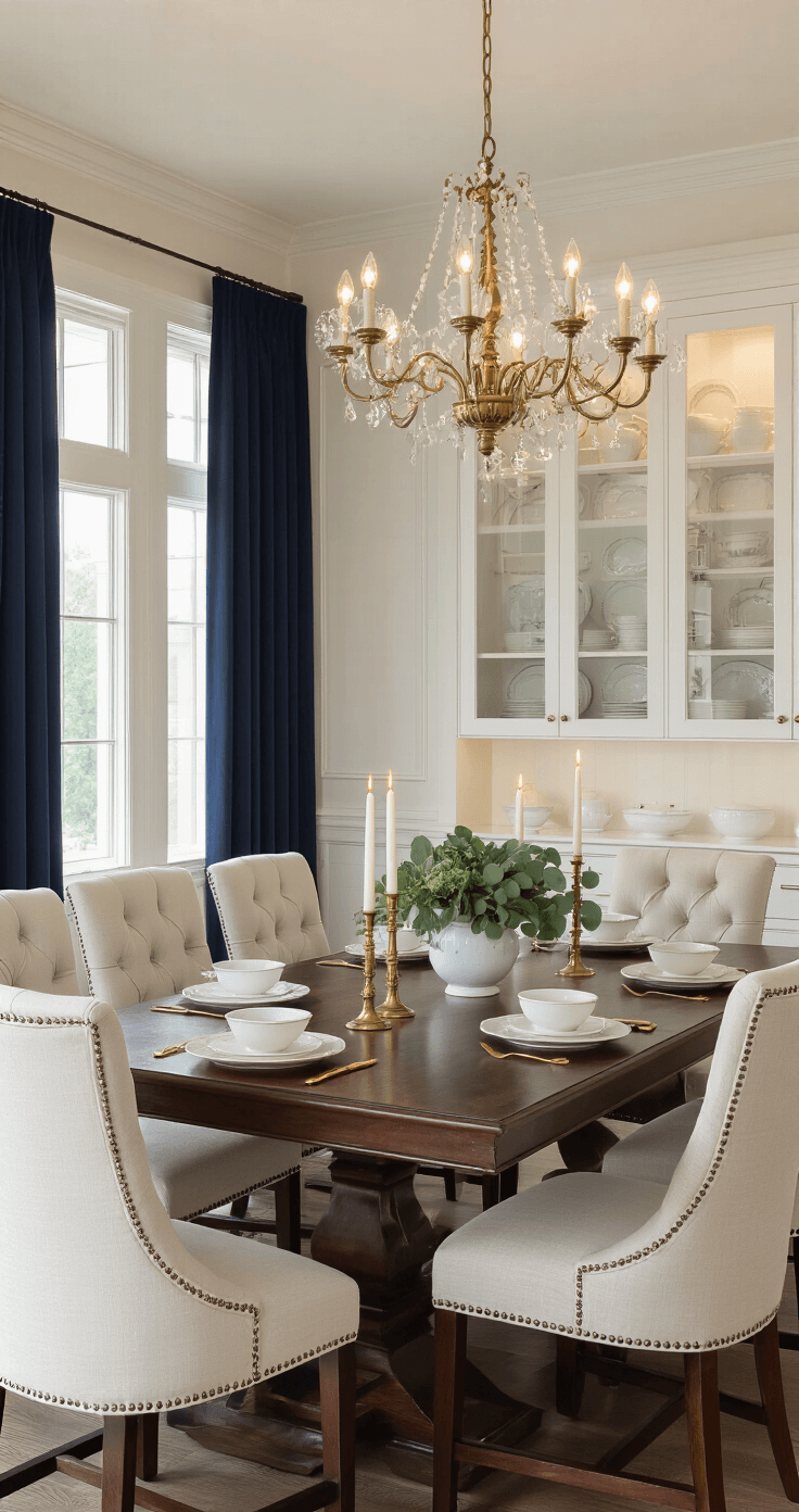Photorealistic dining room with warm cream tones, dark walnut table for eight, upholstered chairs, brass chandelier, candlelight, vintage dishware in a china cabinet, and navy blue curtains, set for an intimate evening dinner party.