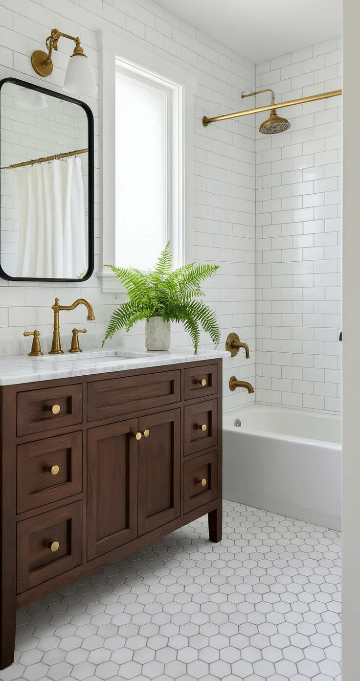Photorealistic bathroom interior featuring pure white subway tiles, vintage brass fixtures, a dark walnut vanity with Carrara marble countertop, and a matte black mirror, illuminated by natural morning light from a frosted glass window. Organic elements include a linen shower curtain, white Turkish towels, and a potted fern, with patterned hexagonal marble floor tiles in white and dark grout lines.