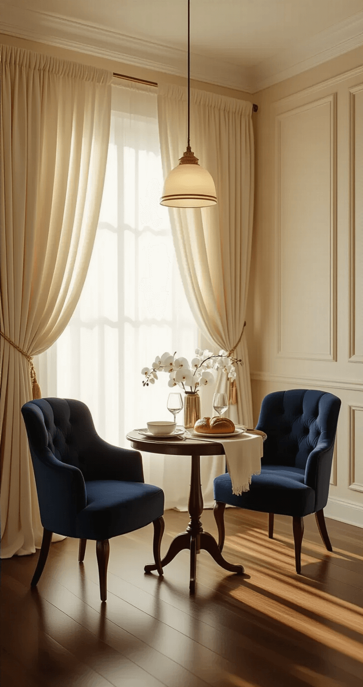 Photorealistic image of an intimate yichud room with cream walls and crown molding, featuring golden hour sunlight through sheer curtains, polished hardwood floors, elegant navy velvet chairs, a small mahogany bistro table set with fine china, fresh challah, and crystal wine glasses, adorned with white orchids and eucalyptus, all under warm pendant lighting in a serene atmosphere.