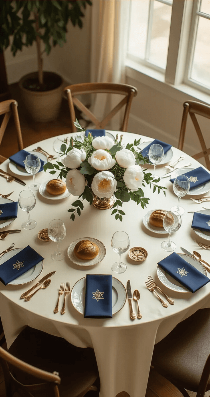 Elegant reception table setting for Sheva Brachot during golden hour, featuring an ivory silk tablecloth, navy blue napkins, and a centerpiece of white peonies and gold eucalyptus. Each place setting includes fine china, crystal wine glasses, small challah on silver plates, leather-bound benchers, and subtle Hebrew calligraphy place cards with Star of David napkin rings, all captured from a 45-degree overhead angle in soft, natural lighting.