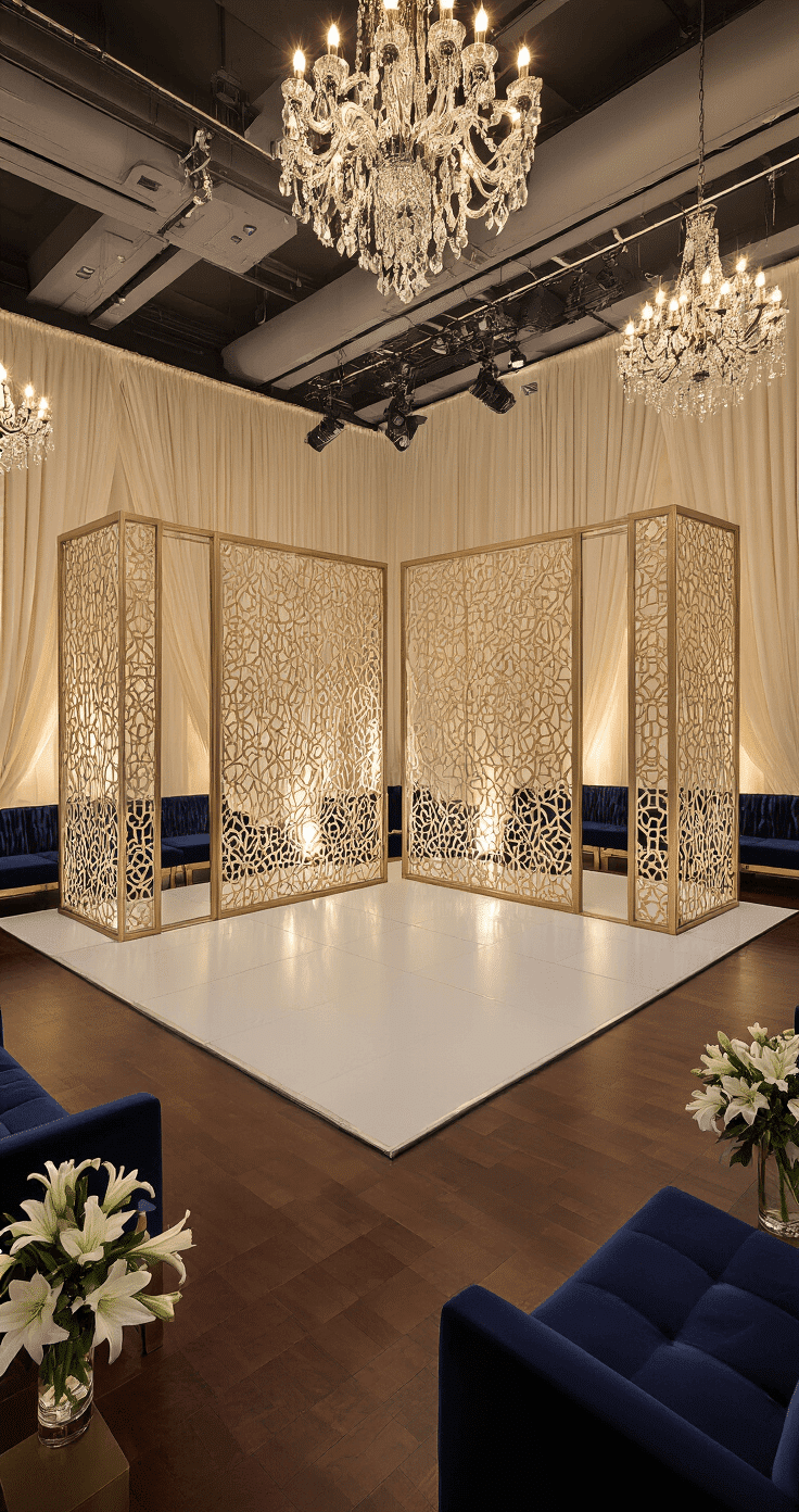 Sophisticated reception space with separate dancing areas for men and women, featuring a decorative mechitzah room divider in brushed gold and ivory. Dark walnut floors and cream silk drapery enhance the ambiance, illuminated by warm LED track lighting and crystal chandeliers. Navy velvet seating and white lily arrangements complete the elegant design, ensuring a respectful yet celebratory atmosphere.