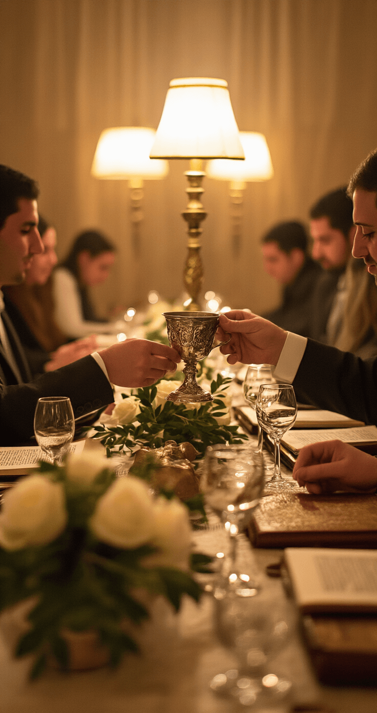 Intimate moment during Birkat Hamazon with a spotlight on a couple's table, where a blessing leader holds a silver kiddush cup, surrounded by softly lit guests reading from leather-bound benchers, evoking a sacred atmosphere with white roses and olive branches symbolizing peace.
