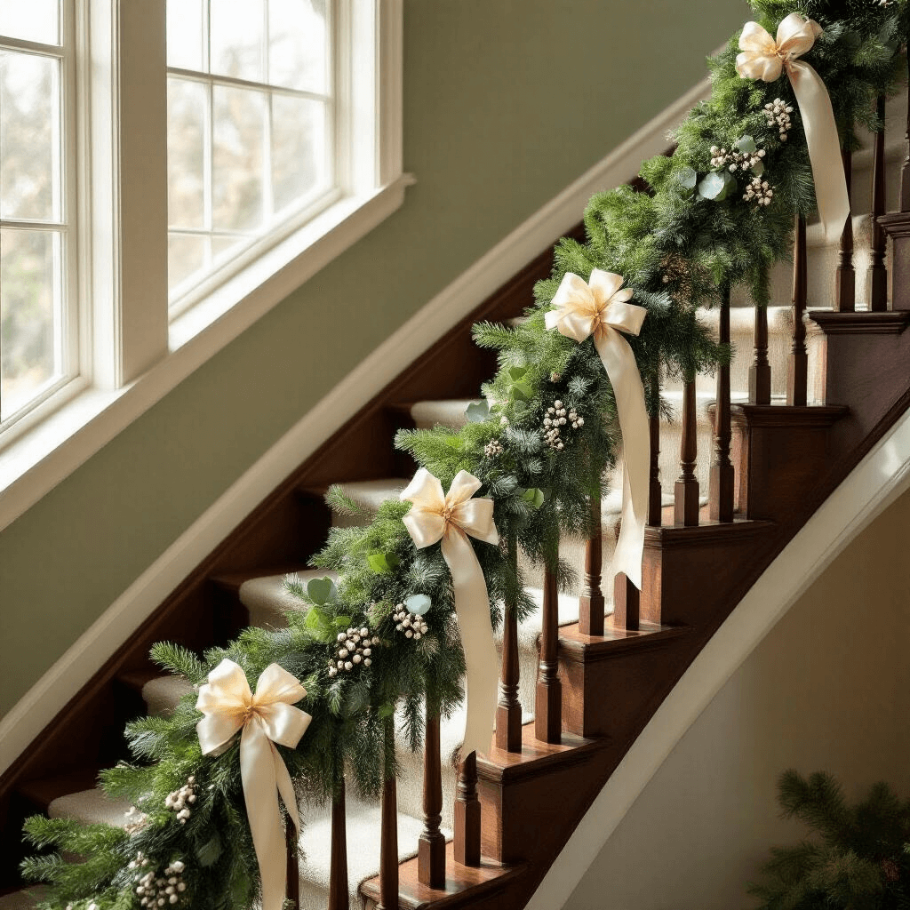 How to Hang Garland Like a Pro: Your Complete Guide to Holiday Magic A cinematic overhead view of a beautifully decorated holiday staircase, featuring a lush garland draped elegantly down a curved wooden banister, accented with cream satin bows, eucalyptus sprigs, and white berries. Warm morning light streams through tall windows, highlighting the intricate details and shadows, with a step ladder and floral supplies visible, indicating a professional installation in progress.