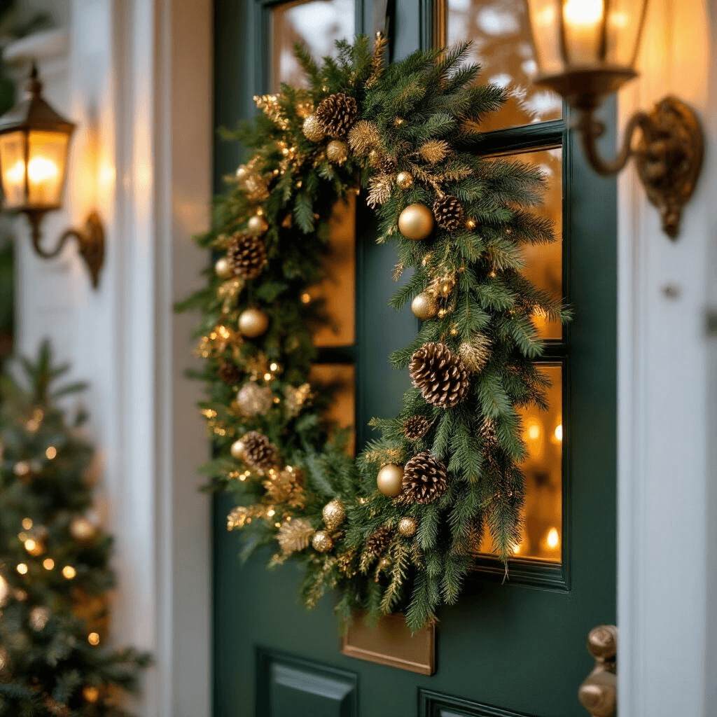 How to Hang Garland Like a Pro: Your Complete Guide to Holiday Magic A beautifully decorated holiday doorway features an emerald garland swag draped elegantly between command hooks, illuminated by warm candlelight. The garland, adorned with matte gold ornaments, pinecones, and burgundy velvet ribbon, showcases intricate textures against a crisp white door trim, creating a sophisticated festive scene.