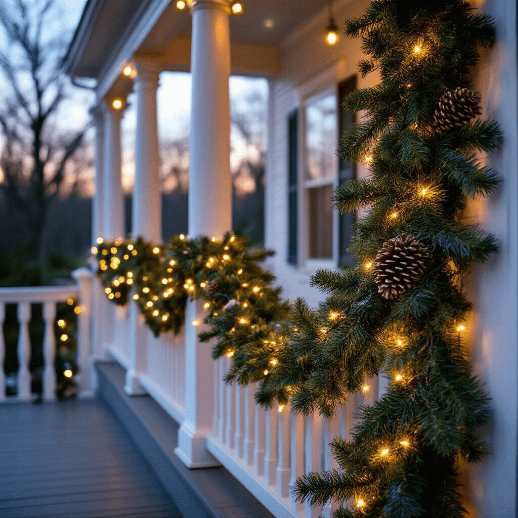 How to Hang Garland Like a Pro: Your Complete Guide to Holiday Magic A wide-angle shot of a beautifully decorated holiday porch at twilight, featuring weather-resistant garland and warm LED lights, draped artfully around white columns, with artificial snow-dusted pinecones and metallic ornaments, set against a serene winter backdrop.