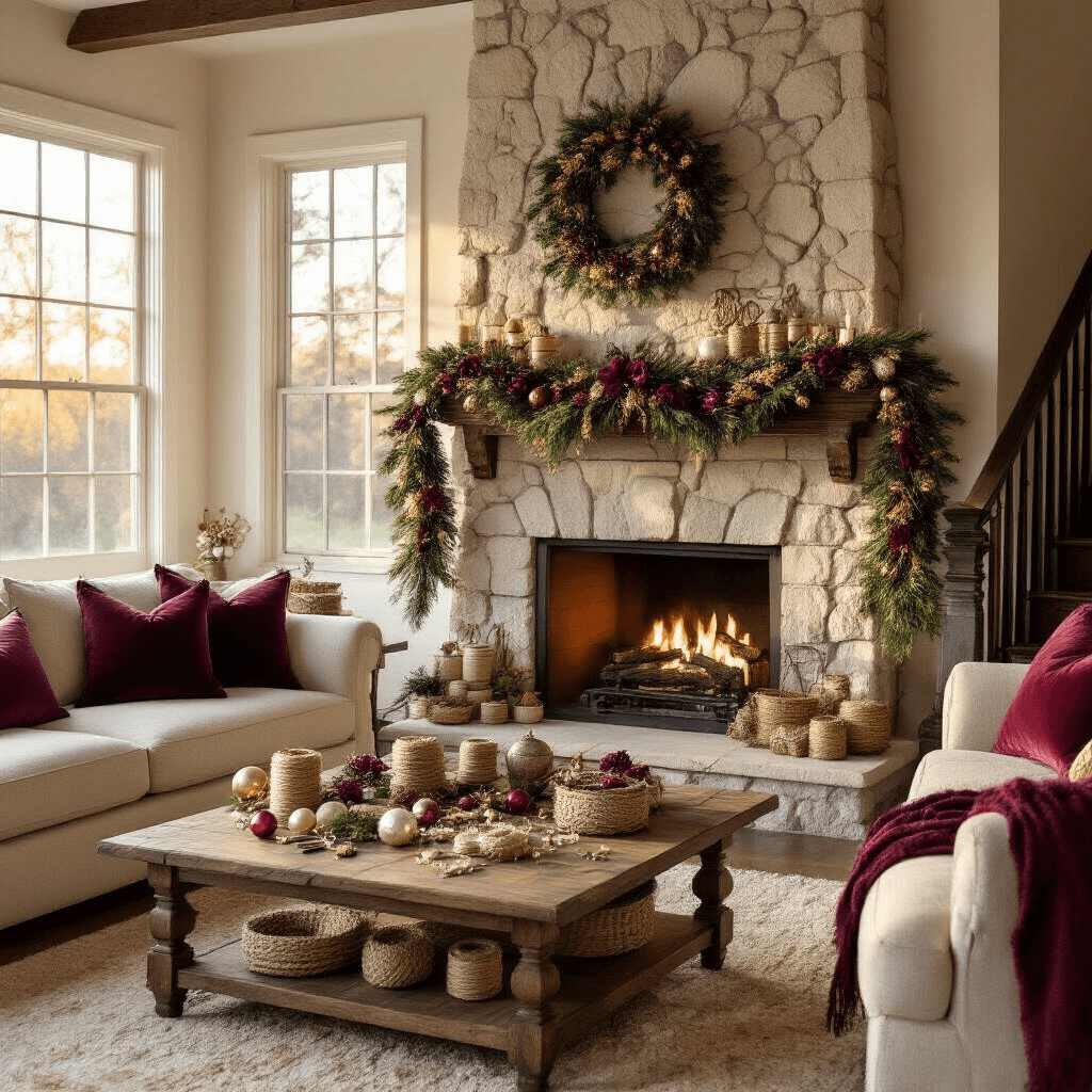 DIY Ornament Garland: My Step-by-Step Guide to Making Holiday Magic A cozy living room bathed in golden hour light, featuring a cream-colored fireplace mantel adorned with a rich burgundy and forest green ornament garland. Shatterproof glass ornaments shimmer in the sunlight, while a rustic wooden coffee table holds crafting supplies. Plush cream sofas with burgundy pillows complete the inviting scene, with additional garland wrapping around a staircase banister. Soft lighting enhances the textures of the decorations and hints at a creative atmosphere.