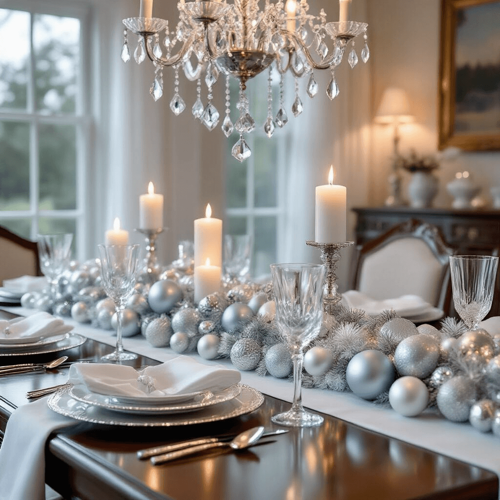 DIY Ornament Garland: My Step-by-Step Guide to Making Holiday Magic Close-up view of an elegant dining room with candlelight, featuring a crystal chandelier adorned with a monochromatic silver, white, and icy blue ornament garland in an ombre effect, hovering above a polished mahogany table set with a crisp white linen tablecloth, silver chargers, and crystal stemware. Soft candlelight reflects off the glossy and matte ornament surfaces, enhanced by sheer white curtains framing tall windows where additional garland adds to the holiday ambiance.