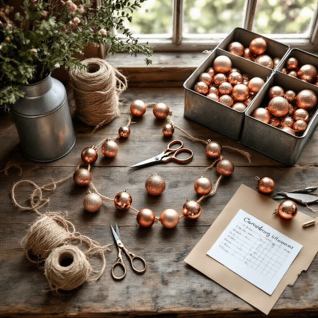 DIY Ornament Garland: My Step-by-Step Guide to Making Holiday Magic Overhead flat lay of a rustic farmhouse table featuring the DIY process of creating an ornament garland, showcasing copper and rose gold ornaments, jute twine, embroidery needles, scissors, clear glue, sorted ornament containers, kraft paper lists, mason jars, and embellishments like pinecones and dried orange slices, all illuminated by soft morning light.