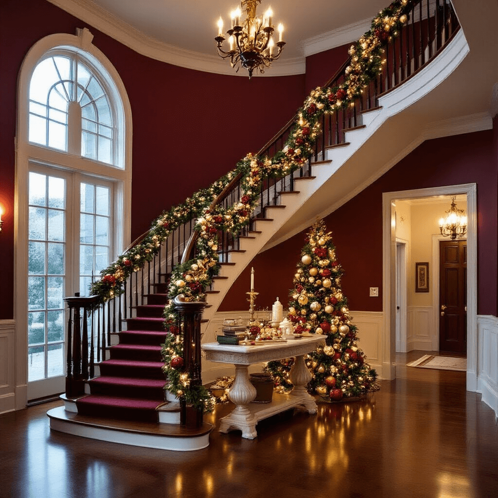 DIY Ornament Garland: My Step-by-Step Guide to Making Holiday Magic Cinematic wide shot of a grand staircase adorned with a dramatic 12-foot ornament garland in red, cream, and antique gold, intertwined with warm LED fairy lights, against a rich burgundy wall, featuring polished hardwood floors, a cream marble foyer table with additional decor, tall windows, and an elegant brass chandelier overhead.