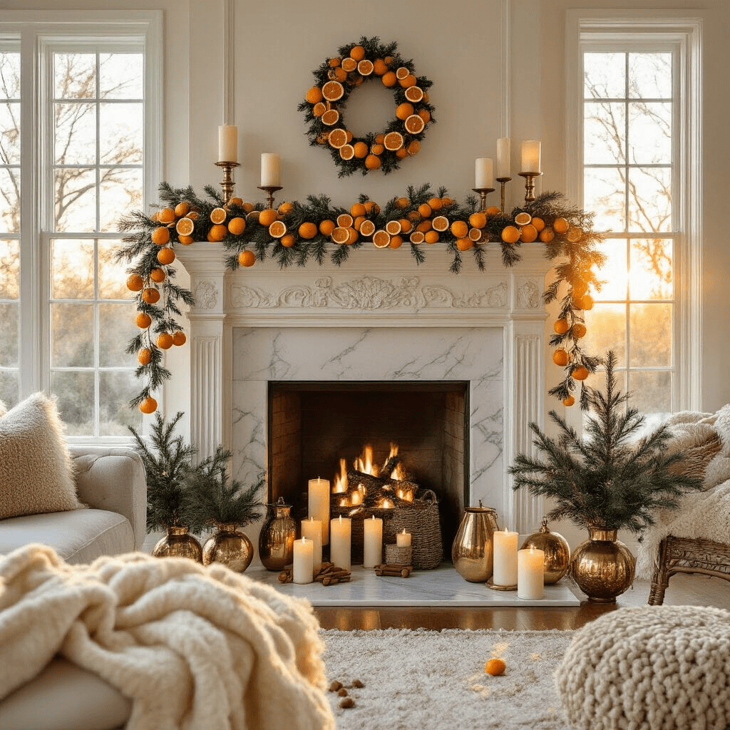 The Dried Citrus Garland That Transformed My Holiday Decorating Forever A cozy living room mantel decorated for the holidays, featuring a marble fireplace adorned with handmade dried citrus garlands, cream pillar candles in brass holders, mercury glass vases with evergreen sprigs, and natural linen stockings. Soft sunlight streams through windows, illuminating the rich textures and warm color palette of ivory, amber, brass, and green.
