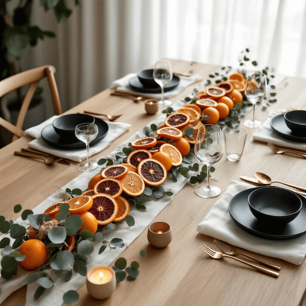 The Dried Citrus Garland That Transformed My Holiday Decorating Forever Overhead flat lay of an elegant holiday dining table set in a modern apartment, featuring a centerpiece of dried citrus garlands, monochrome blood orange slices, and place settings with white linen napkins, matte black plates, vintage brass flatware, and clear stemware, complemented by wooden tea light holders, fresh eucalyptus, and small white pumpkins.