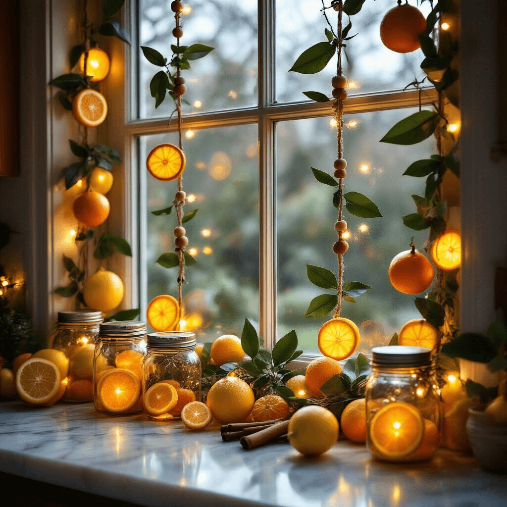 The Dried Citrus Garland That Transformed My Holiday Decorating Forever Close-up of a whimsical kitchen window decorated for the holidays with citrus garlands, fairy lights, and rustic elements, showcasing warm amber and golden yellow tones.