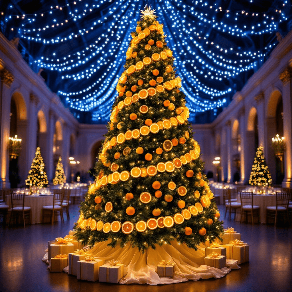 The Dried Citrus Garland That Transformed My Holiday Decorating Forever Wide-angle view of a grand ballroom featuring a tall Noble Fir Christmas tree adorned with handmade dried citrus garlands and warm white fairy lights, surrounded by wrapped gifts, elegant cream and gold furniture, and sheer ivory drapes.