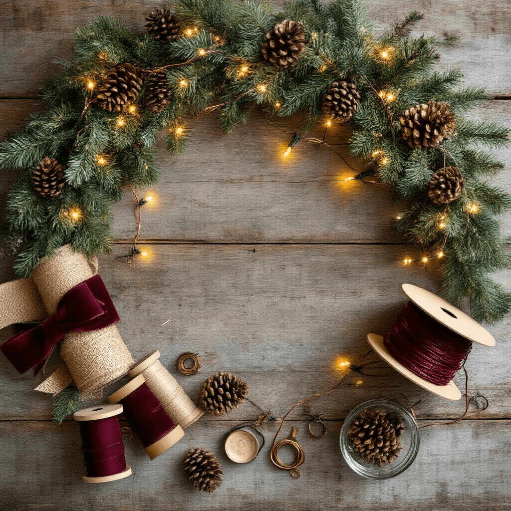 Transform Your Home's Exterior with Stunning Outdoor Christmas Garlands Overhead flat lay of garland installation supplies on rustic wood, featuring artificial evergreen garland with pine, fir, and cedar, warm white LED lights, burgundy and gold ribbon spools, bronze pinecones, and various hardware in glass bowls, all illuminated by soft morning light.