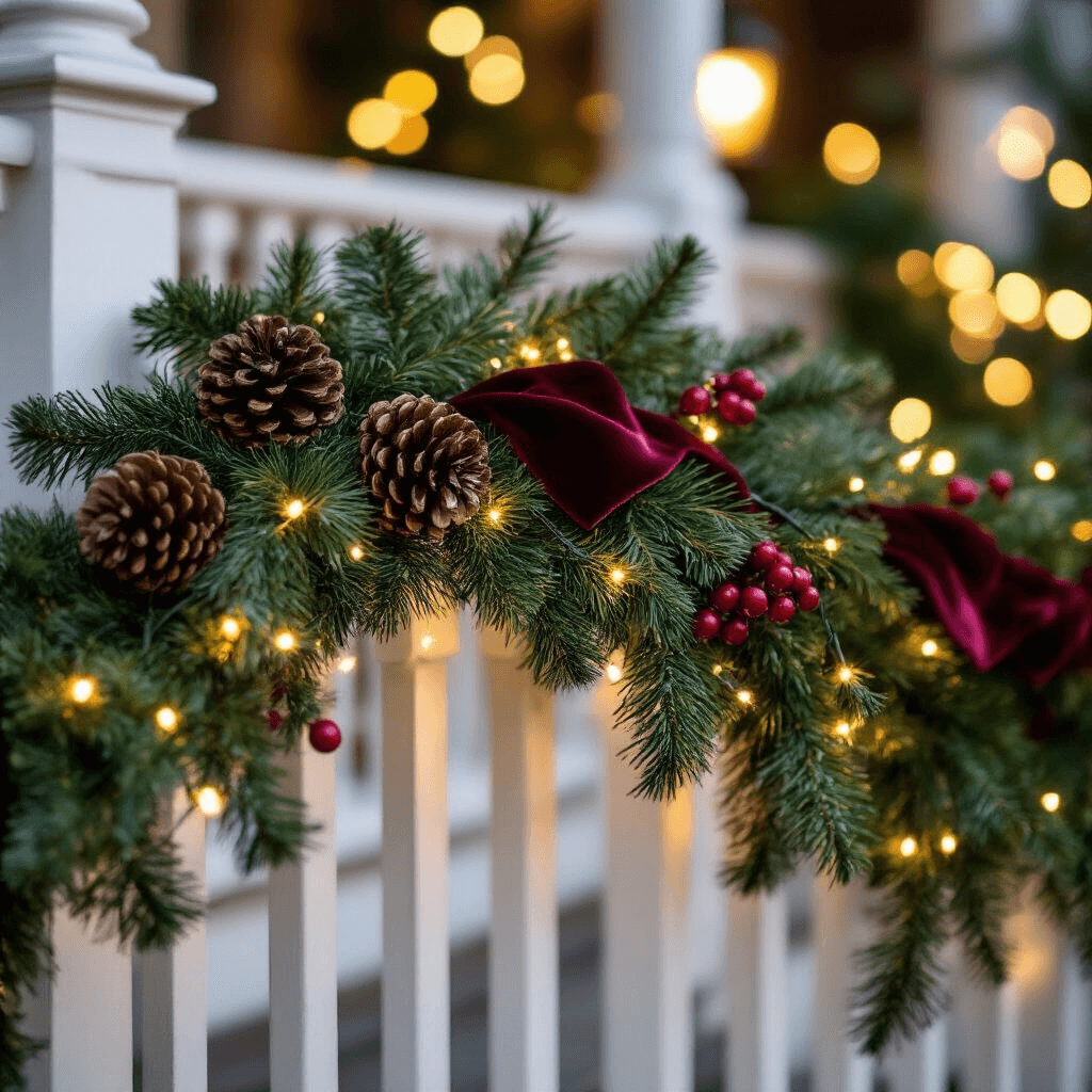 Transform Your Home's Exterior with Stunning Outdoor Christmas Garlands Close-up of a porch railing adorned with thick artificial evergreen garland, twinkling warm LED lights, and burgundy velvet ribbon, captured in moody evening lighting.