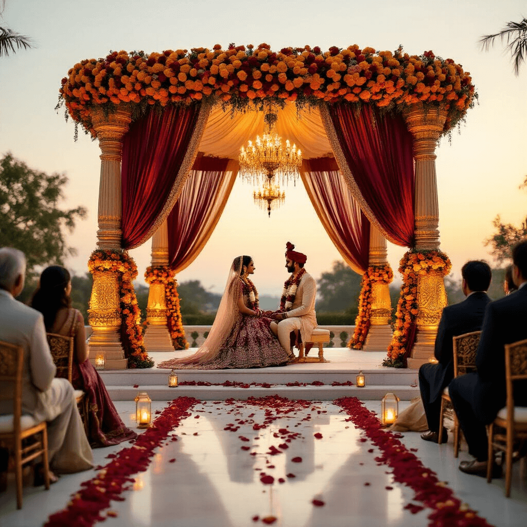 Indian Wedding Garlands: Creating Your Perfect Varmala for an Unforgettable Ceremony An elegant outdoor Indian wedding ceremony venue during golden hour, featuring a rich burgundy and gold mandap, vibrant floral arrangements, and romantic lighting, creating a luxurious and sacred atmosphere.