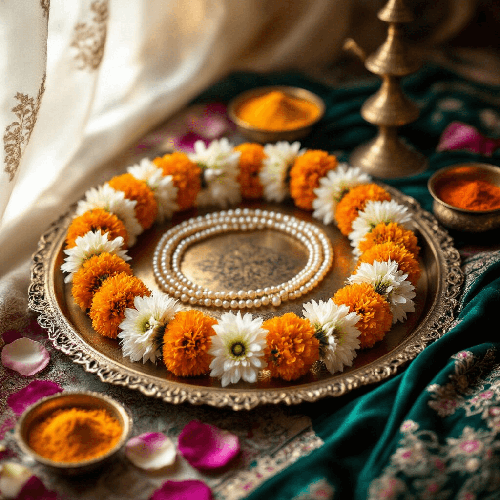 Indian Wedding Garlands: Creating Your Perfect Varmala for an Unforgettable Ceremony A close-up of handcrafted Indian wedding garlands featuring orange marigolds, white jasmine buds, and blush roses on a vintage brass tray, with soft morning light filtering through sheer curtains, surrounded by ornate silver bowls of turmeric and vermillion, scattered rose petals on emerald silk fabric, and traditional brass oil lamps.