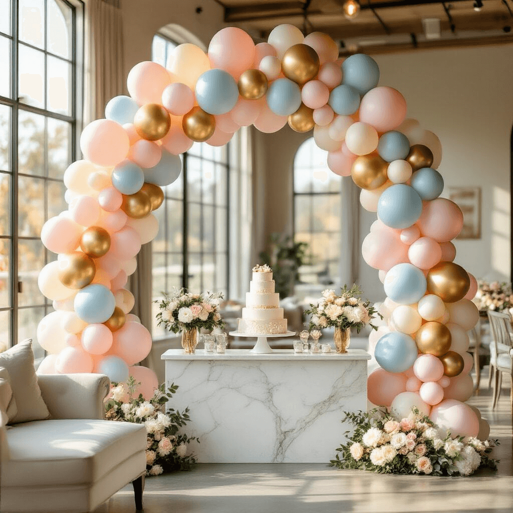 The Ultimate Guide to Creating Stunning Gender Reveal Balloon Garlands That'll Make Your Party Unforgettable A stylish indoor gender reveal party setup with a balloon garland arch, a marble dessert table adorned with tiered desserts, and elegant crystal glassware, all illuminated by golden hour sunlight.