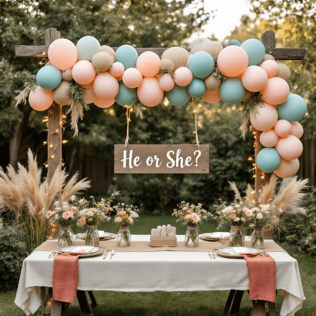 The Ultimate Guide to Creating Stunning Gender Reveal Balloon Garlands That'll Make Your Party Unforgettable An overhead view of a rustic outdoor gender reveal balloon garland featuring blush pink, dusty blue, and sage green balloons with burlap accents, vintage wooden posts with fairy lights, and mason jars of wildflowers, set in a charming backyard garden during soft morning light.