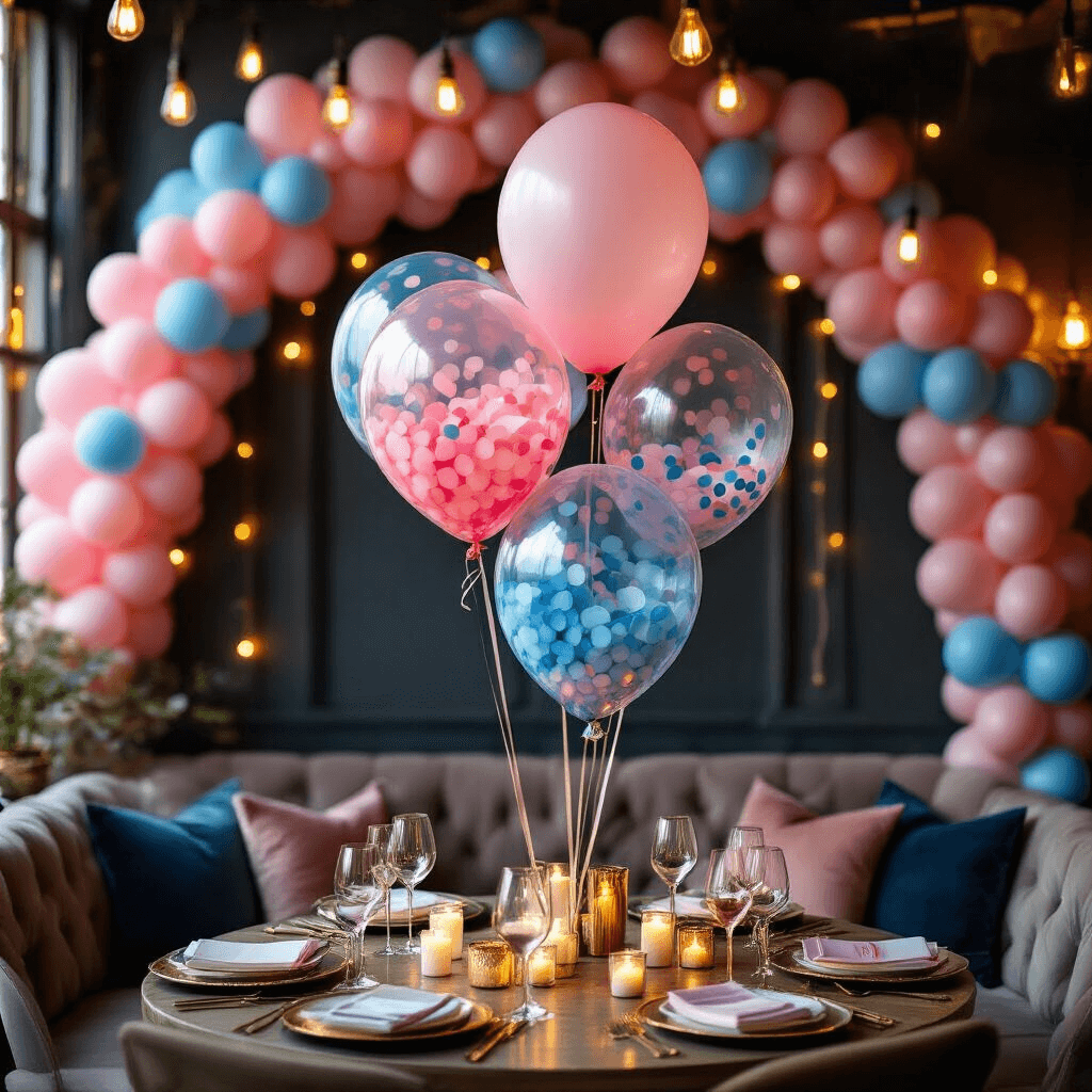 The Ultimate Guide to Creating Stunning Gender Reveal Balloon Garlands That'll Make Your Party Unforgettable A close-up shot of jumbo reveal balloons filled with pink and blue confetti, surrounded by a gradient balloon garland. The scene is illuminated by warm Edison bulb lights, highlighting an intimate dining nook with gold-rimmed glassware, flickering candles, and personalized party favors.