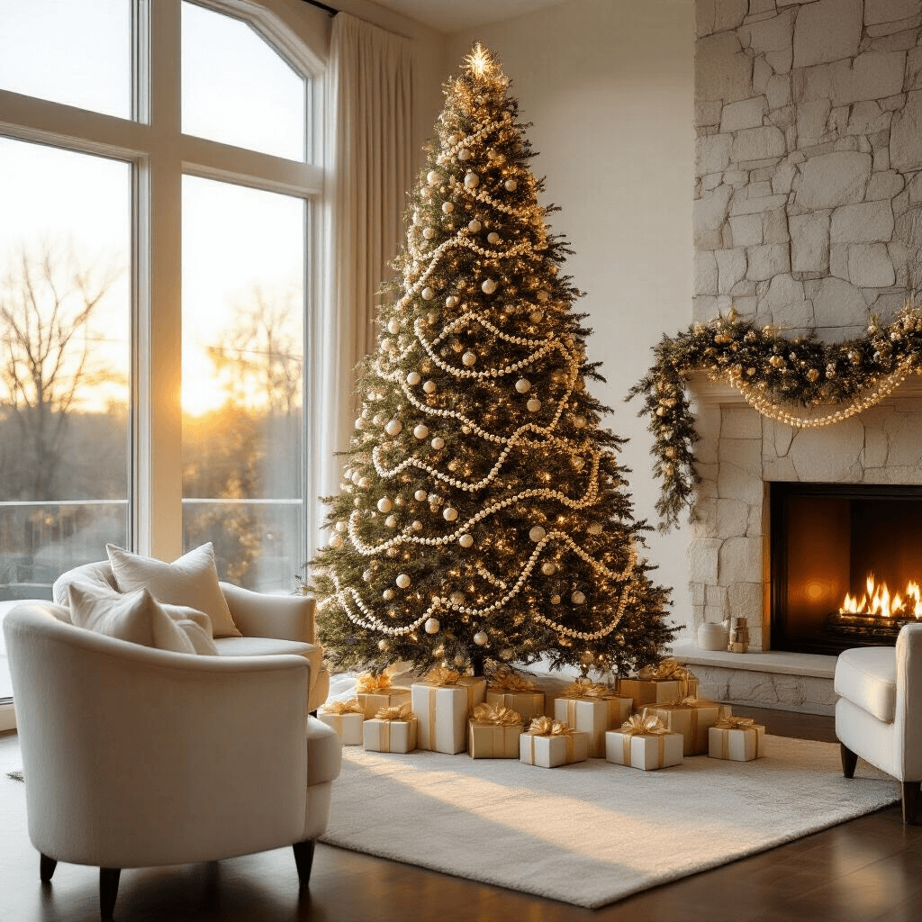 Transform Your Christmas Tree from Basic to Breathtaking with the Perfect Tree Garlands A photorealistic wide-angle shot of an elegant modern living room during golden hour, featuring a 7-foot Christmas tree adorned with pearl beaded garlands and warm white lights, beside a contemporary stone fireplace, surrounded by plush cream velvet furniture and wrapped gifts in gold and ivory paper.