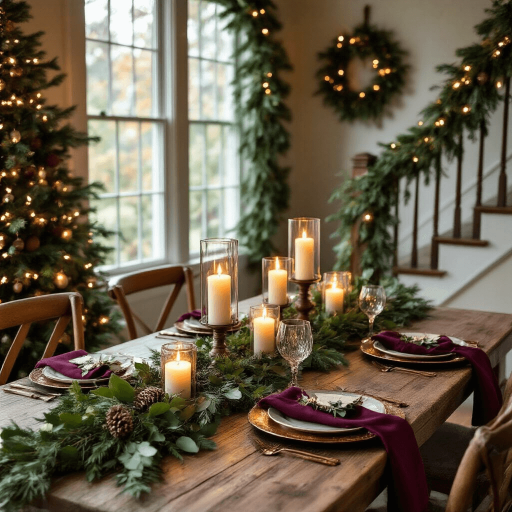 Transform Your Christmas Tree from Basic to Breathtaking with the Perfect Tree Garlands Aerial view of a candlelit dining room featuring a rustic wooden table adorned with cedar and magnolia leaf garlands, flickering candles, rich burgundy napkins, and copper charger plates, with garlands also draping a staircase banister and doorway for cohesive holiday decor.