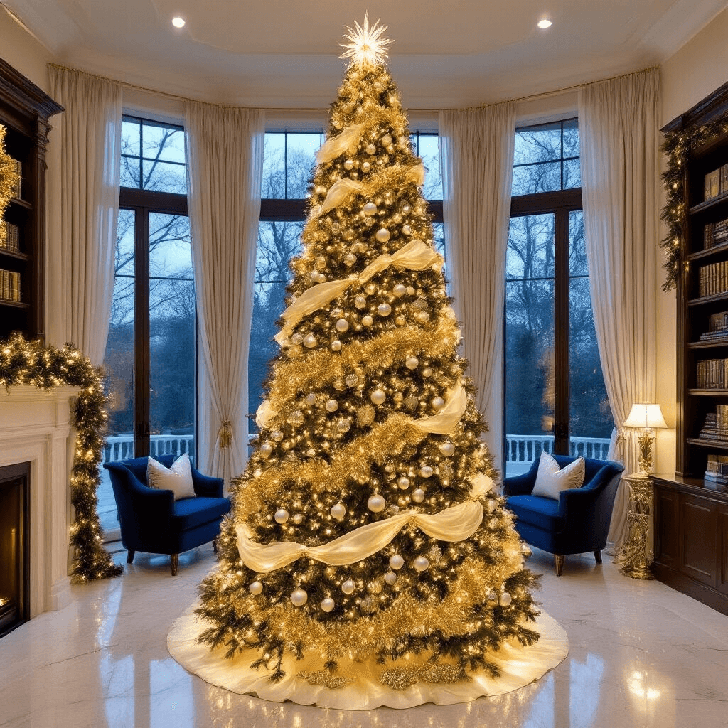 Transform Your Christmas Tree from Basic to Breathtaking with the Perfect Tree Garlands A grand 9-foot Christmas tree adorned with layers of gold tinsel, silver beads, and cream silk ribbons stands in a spacious family room, featuring polished marble floors and luxury navy and gold furnishings, illuminated by warm and cool white lights for a magical holiday ambiance.