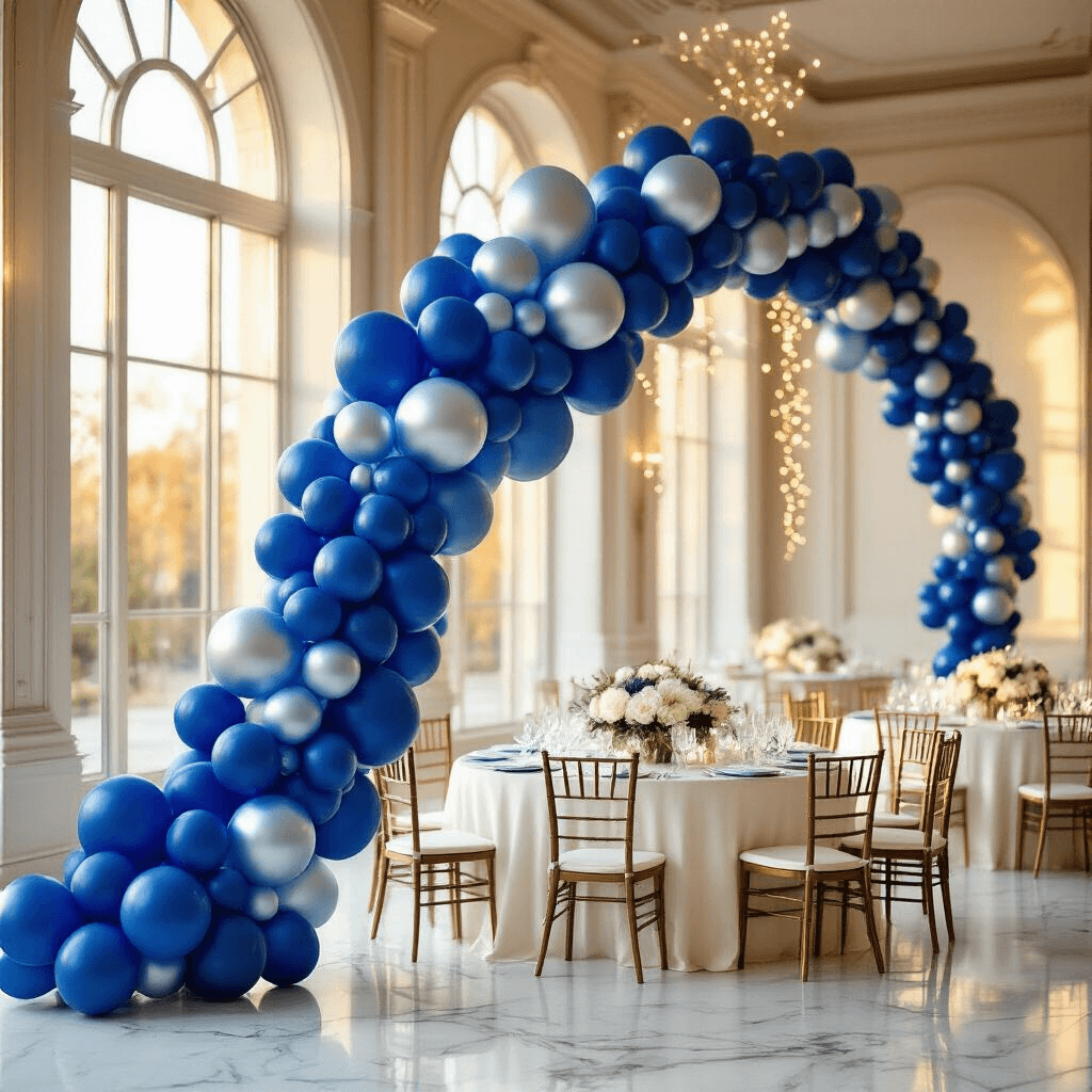 Blue Balloon Garland: Transform Any Space Into a Stunning Celebration Wide-angle shot of an elegant indoor ballroom at golden hour, featuring a blue balloon garland cascading along white marble walls, ivory silk-draped tables with crystal glassware, soft fairy lights, and fresh floral centerpieces, all reflecting a sophisticated celebration vibe.