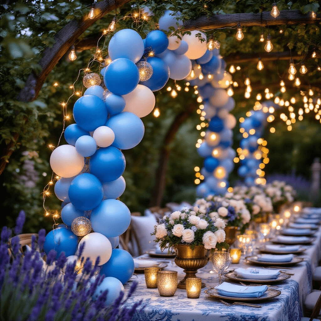 Blue Balloon Garland: Transform Any Space Into a Stunning Celebration A whimsical garden party at dusk featuring a detailed blue balloon garland intertwined with flowering arbors. Warm string lights illuminate the scene, highlighting silk cushions and low wooden tables adorned with lavender and white roses in vintage bronze urns and mercury glass votives on paisley-patterned tablecloths, creating an enchanting atmosphere for an engagement celebration.