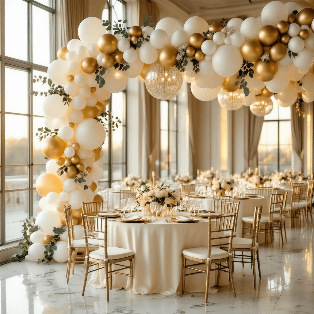 Balloon Garlands: Transform Your Party Space from Bland to Instagram-Worthy in Under an Hour An elegant indoor ballroom during golden hour featuring a white, cream, and gold balloon garland along the perimeter wall, round tables with silk ivory linens, crystal glassware, and gold-rimmed plates. The balloon installation includes varying sizes interwoven with eucalyptus garland and confetti-filled balloons. The marble floors reflect warm light from tall windows, complemented by velvet cream chair cushions and rose gold accents on white ceramic centerpieces.