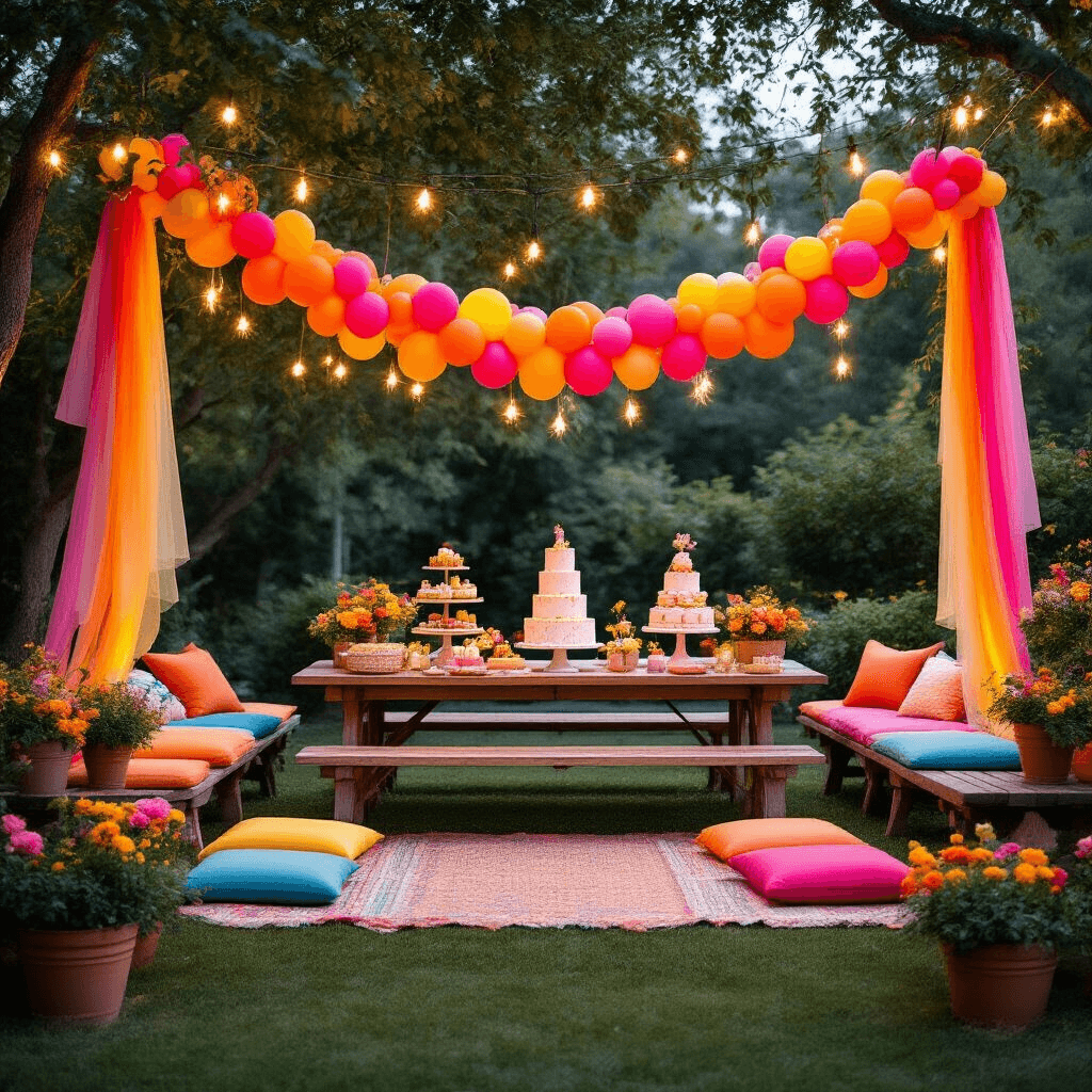 Balloon Garlands: Transform Your Party Space from Bland to Instagram-Worthy in Under an Hour Wide-angle shot of a whimsical garden party at dusk, featuring a vibrant balloon garland and a rustic dessert table, surrounded by colorful picnic tables and floor cushions. String lights twinkle overhead, creating a magical atmosphere.