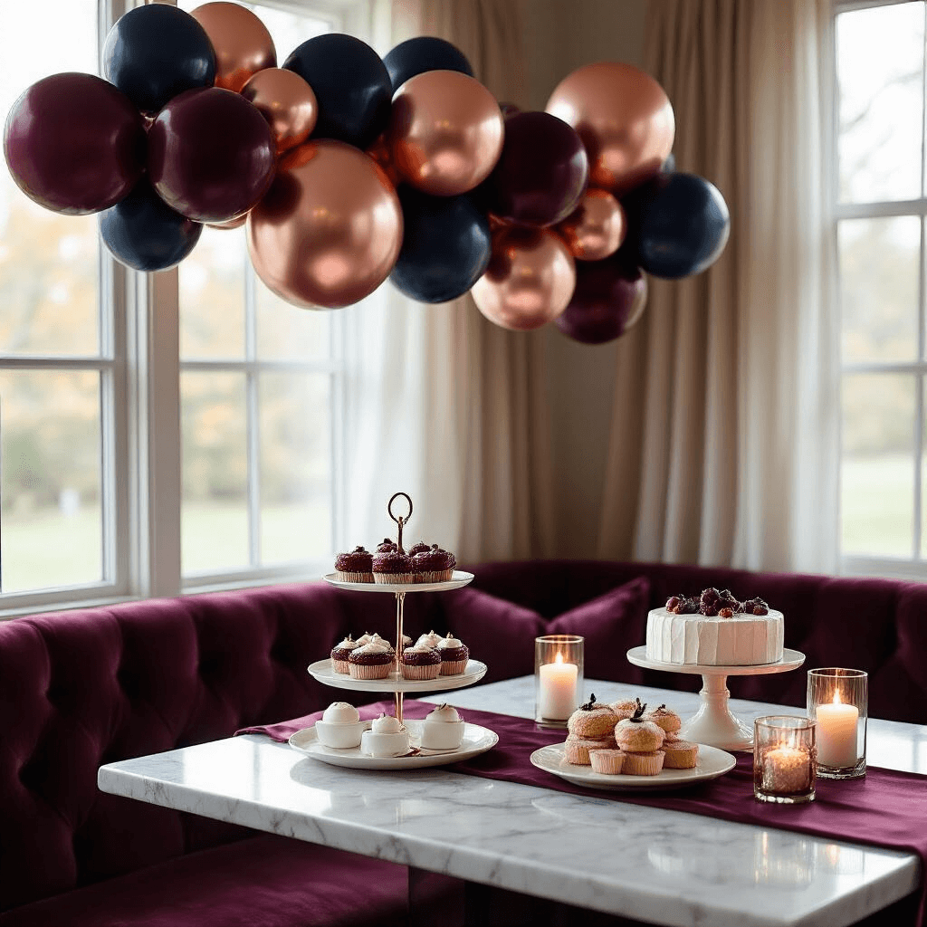 Balloon Garlands: Transform Your Party Space from Bland to Instagram-Worthy in Under an Hour Close-up of an intimate dining nook featuring a sophisticated balloon garland in deep burgundy, navy, and rose gold above a marble dessert station, with velvet seating, sheer drapery, and elegant treats on ceramic stands, all bathed in soft morning light.