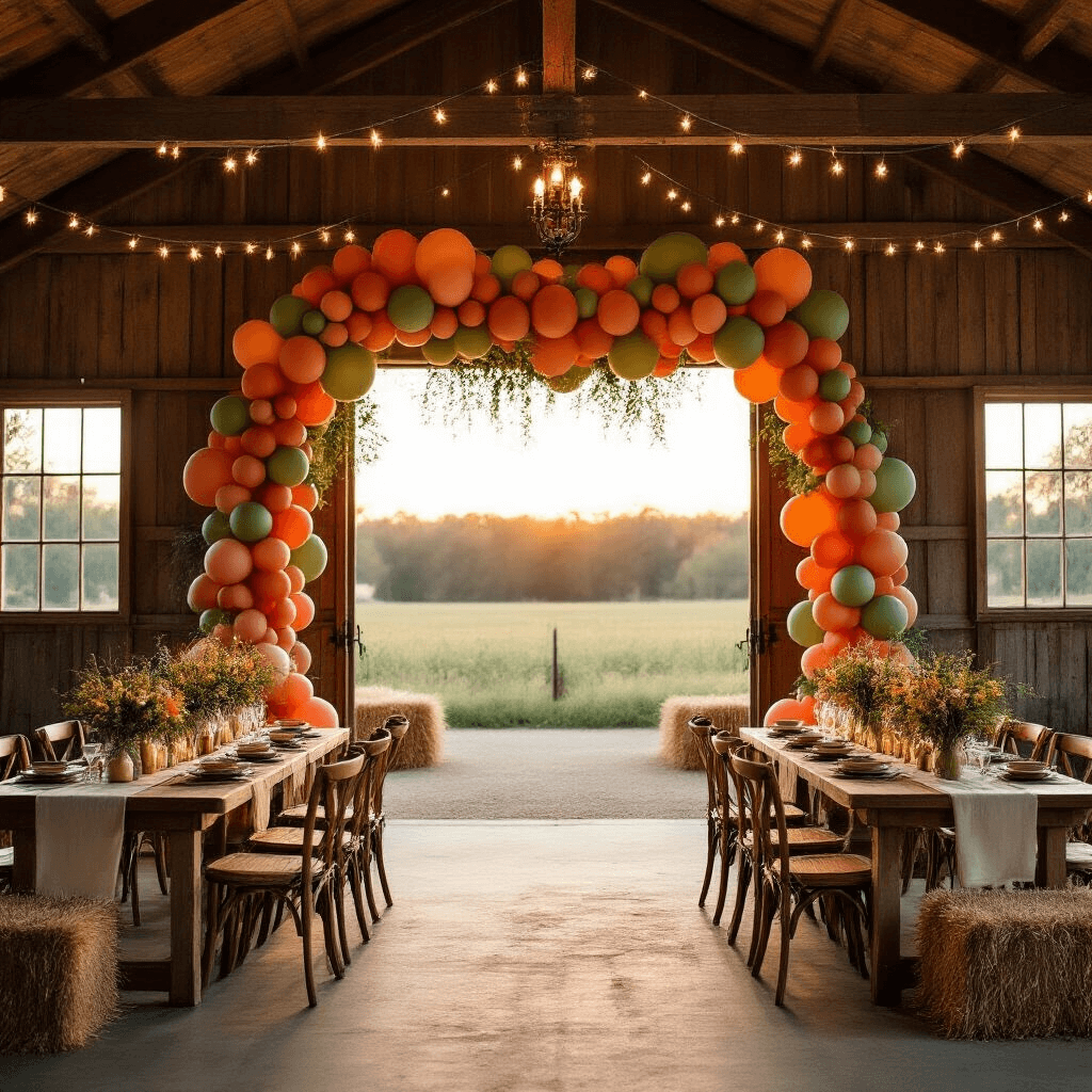 Balloon Garlands: Transform Your Party Space from Bland to Instagram-Worthy in Under an Hour Cinematic wide shot of a rustic barn venue at golden hour, featuring a terracotta and sage green balloon garland framing the entrance, exposed wooden beams with fairy lights, long farm tables with vintage dinnerware and wildflower centerpieces, and cozy seating options with hay bales.
