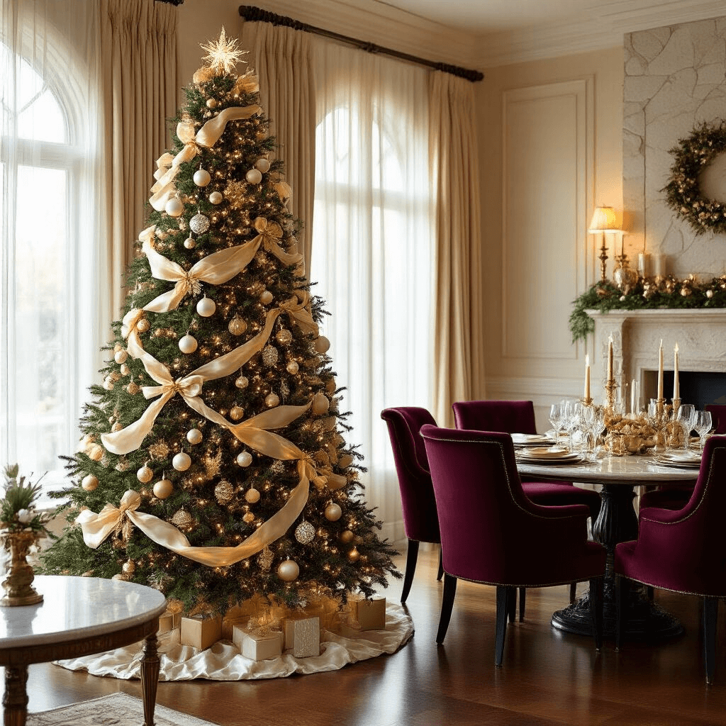 How to Drape Christmas Tree Garland Like a Pro: The Ultimate Guide to Picture-Perfect Holiday Trees A luxurious indoor living room with an 8-foot Christmas tree decorated with champagne gold silk ribbon garland, pearl beaded strands, and crystal accents, surrounded by rich burgundy velvet furniture and marble-topped side tables, all illuminated by warm ambient lighting and soft natural sunlight filtering through sheer curtains.