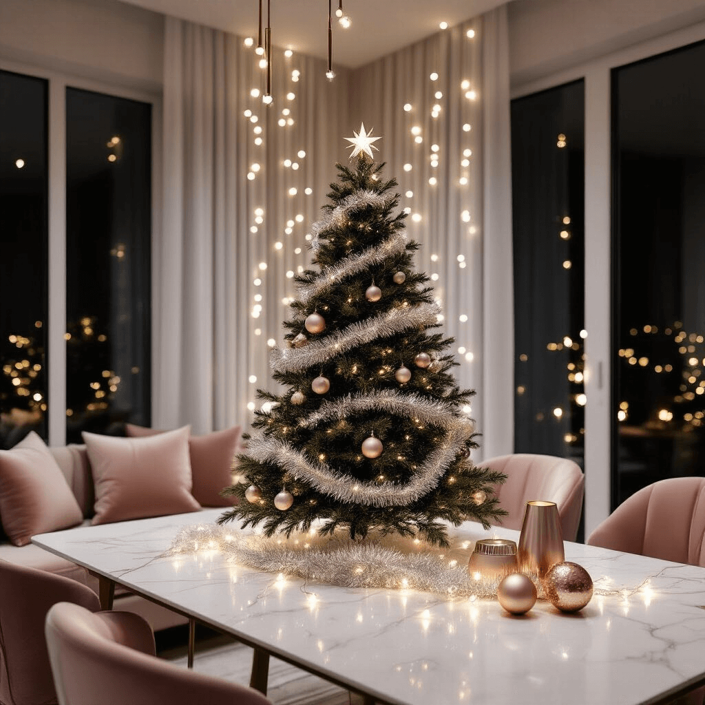 How to Drape Christmas Tree Garland Like a Pro: The Ultimate Guide to Picture-Perfect Holiday Trees A cozy modern apartment living room at night with a 5-foot tabletop Christmas tree on a white marble dining table, adorned with silver tinsel and glass beaded garland. The space features minimalist furniture, blush pink velvet cushions, and geometric ceramic vases. Warm white fairy lights drape from the ceiling, creating a bokeh effect, while modern rose gold and silver ornaments enhance the festive atmosphere. Sheer white curtains frame tall windows.