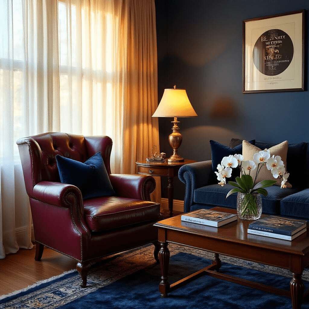 Cinematic wide-angle shot of a cozy living room corner with warm golden hour light; features a burgundy leather armchair, vintage mahogany side table with a brass lamp, deep midnight blue accent wall with a Blue Note album cover, navy and cream velvet throw pillows on a charcoal sofa, fresh white orchids in a crystal vase, and a wool area rug, evoking a sophisticated 1950s jazz club ambiance.