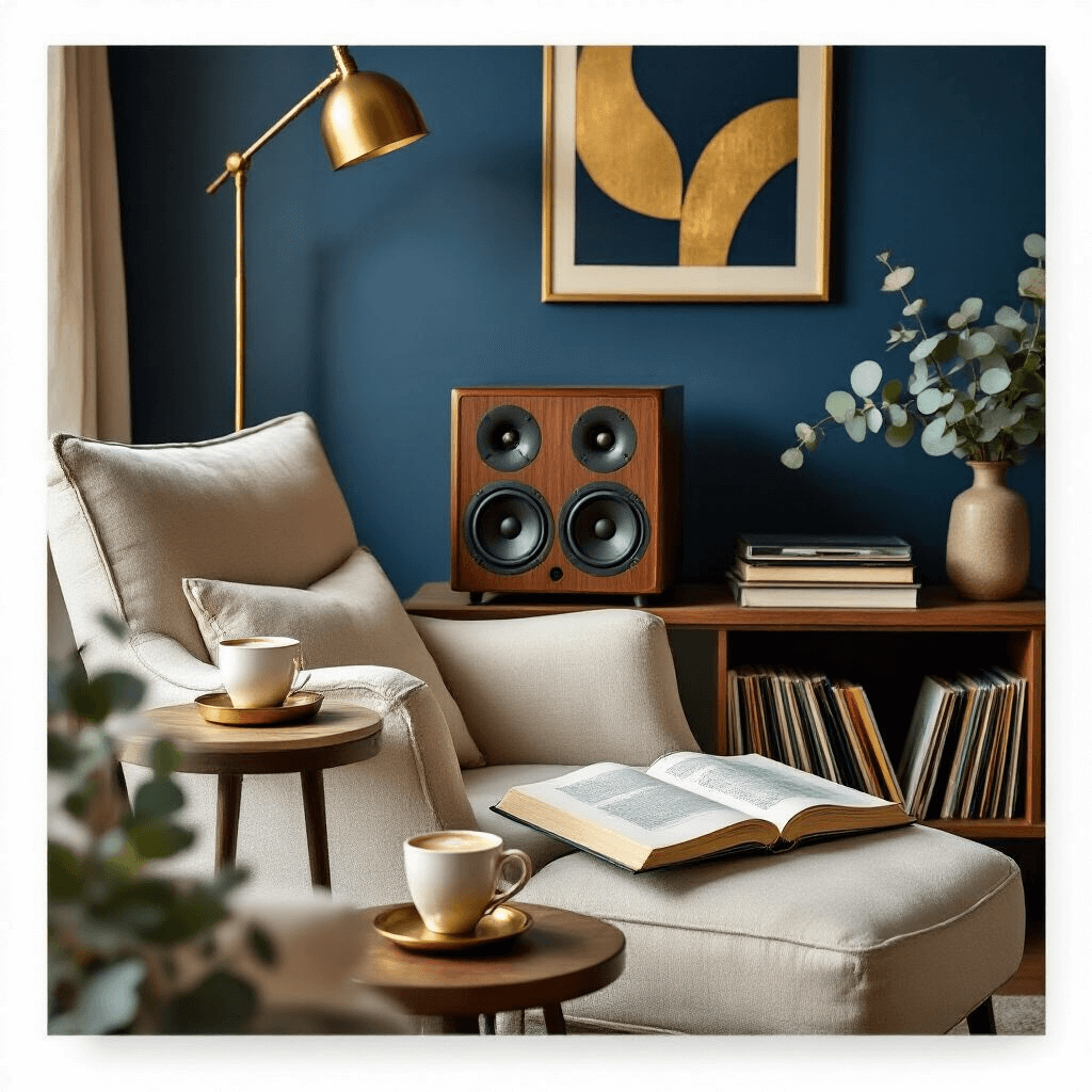 Close-up of a jazz listening corner with walnut bookshelf speakers, a cream linen reading chair, a round side table with a steaming coffee cup, vinyl records, a brass lamp over a jazz history book, and a deep blue wall featuring abstract art, enhanced by fresh eucalyptus in a ceramic vase.