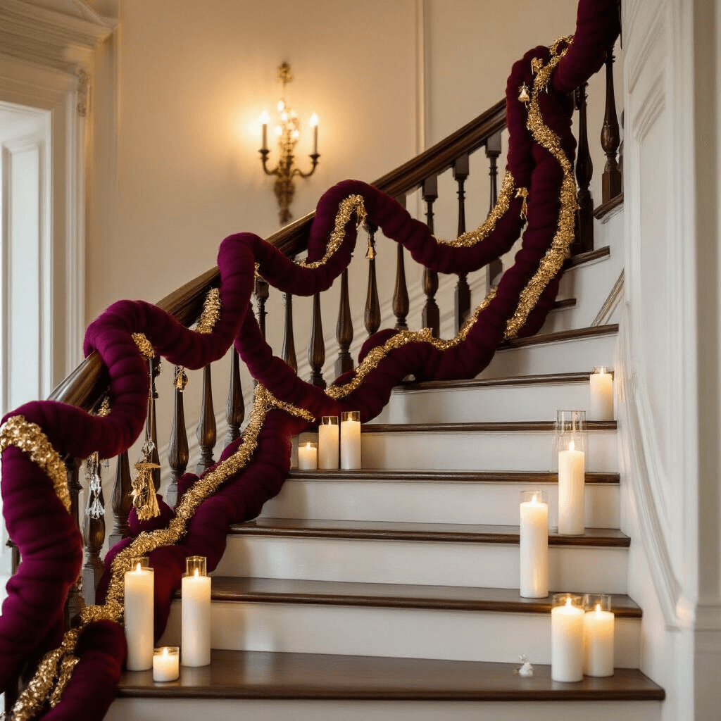 A grand staircase illuminated by candlelight, showcasing an elegant burgundy and gold felt garland wrapped around dark mahogany railings, with tall white pillar candles lining the steps, casting shadows on cream-colored walls. Crystal ornaments dangle from the garland, and a coordinating wreath adorns the landing, all captured with a cinematic style emphasizing luxurious textures.