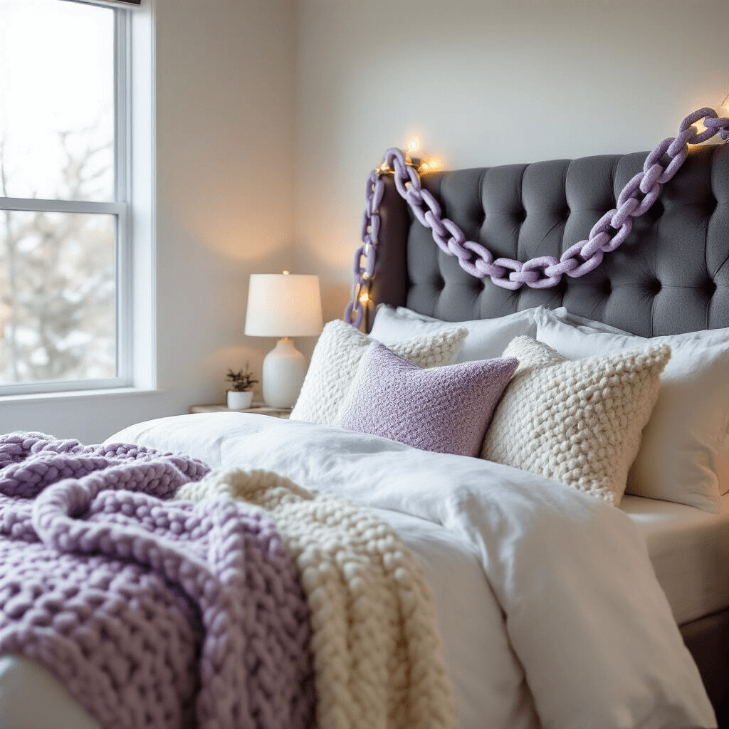 A stylish modern bedroom featuring a charcoal gray tufted velvet headboard adorned with lavender and silver felt Christmas garland, soft morning light illuminating the white linen bedding and cream and pale pink throw blankets, complemented by modern ceramic lamps and rose gold ornaments.